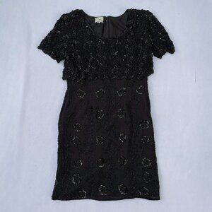 Vintage Stenay Black Beaded Floral Formal Elegant Knee Length Dress Size 12 Silk